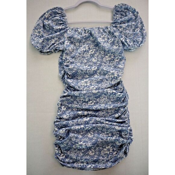 Nasty Gal Women's Sz 8 Blue Floral Got A Puff On You Square Neck Bodycon Dress - Picture 2 of 10